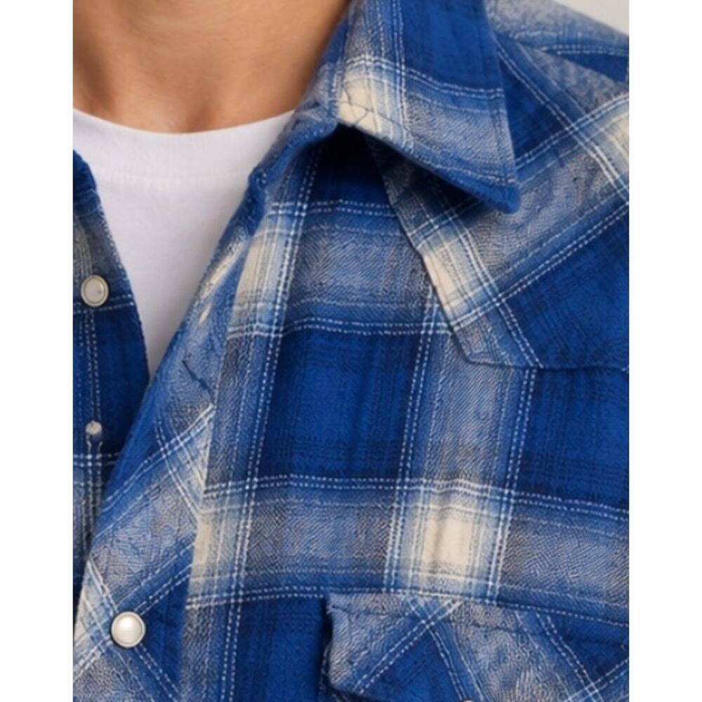 Wrangler Wrancher Men’s XLT Blue Plaid Western Pearl Snap Shirt 100% Cotton Tall - Picture 3 of 11